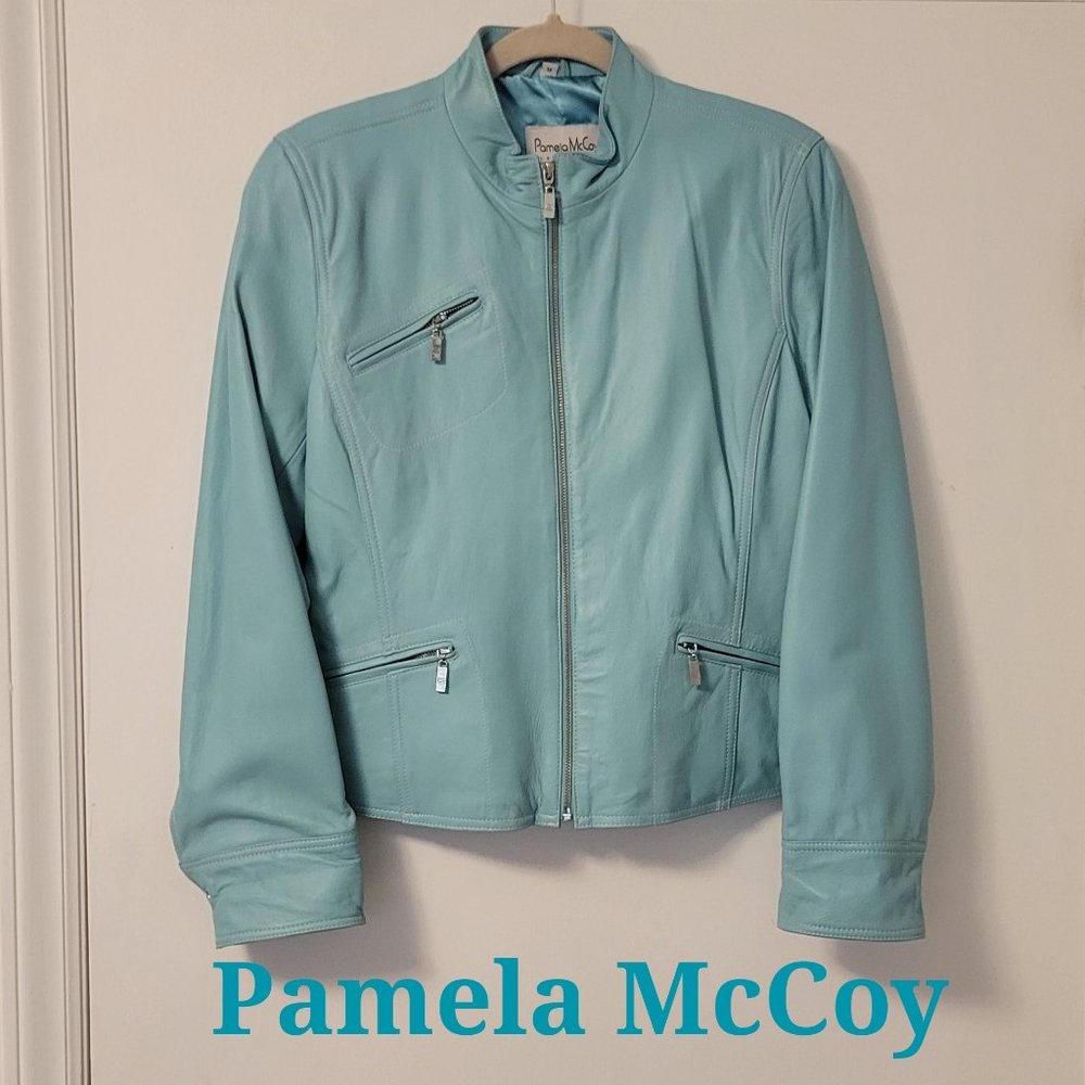 ❣️HP❣️ Pamela McCoy 100% leather aqua full zip satin lined jacket sz: M NWOT